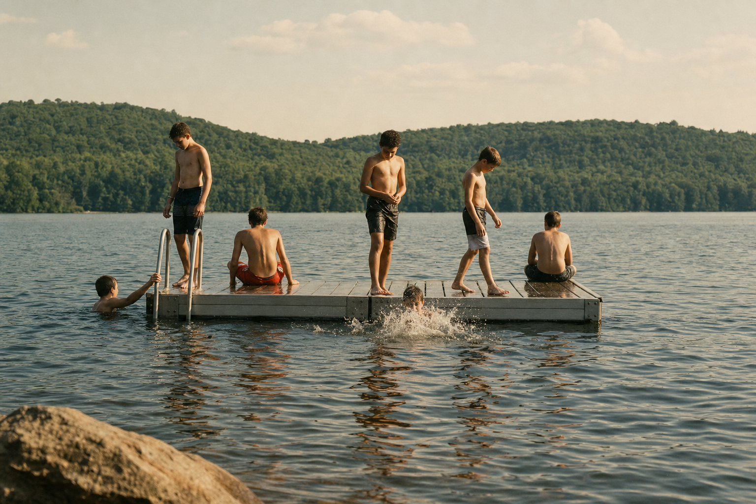 Children jumping off a wooden dock into a lake in summer